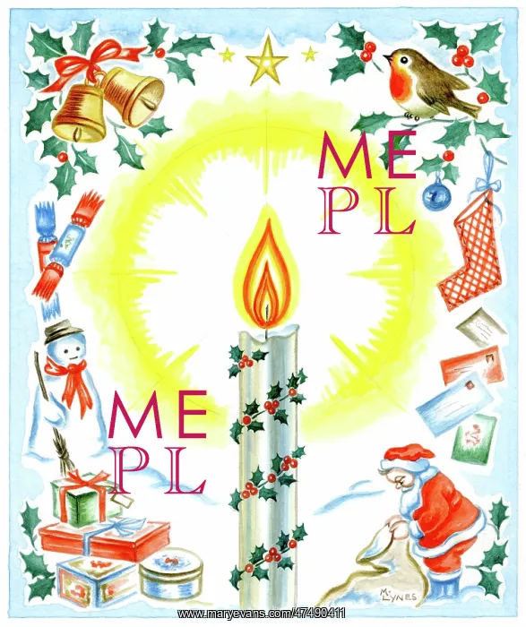 : Lighted candle with Father Christmas, robin etc : Lighted candle with Father Christmas, robin etc