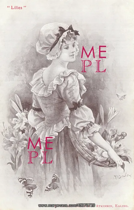 : Lilies. A young lady in Georgian costume and a mob-cap, carrying a basket of lilies : Lilies. A young lady in Georgian costume and a mob-cap, carrying a basket of lilies