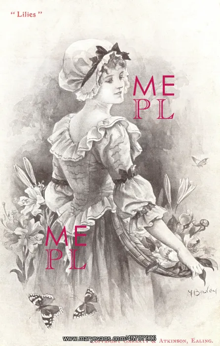 : Lilies. Young girl in a bonnet carrying a basket of lilies : Lilies. Young girl in a bonnet carrying a basket of lilies