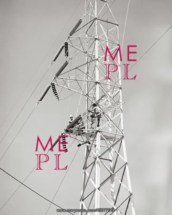 : Linemen Working High up on a Metal Electric Tower : Linemen Working High up on a Metal Electric Tower