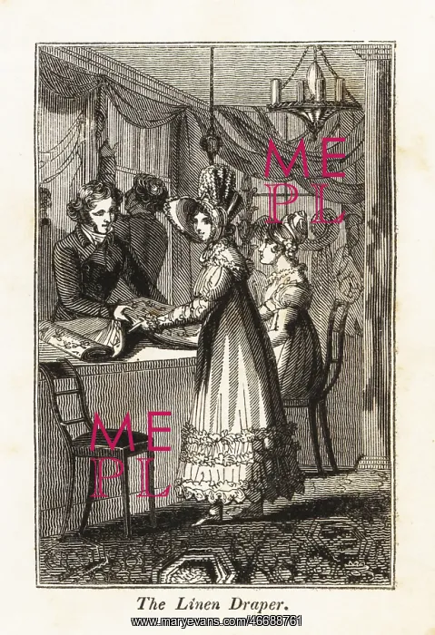 : Linen draper with customers in a Regency shop : Linen draper with customers in a Regency shop
