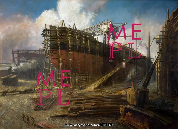 : Liner on Stocks Central Panel of Triptych shipbuilding in : Liner on Stocks Central Panel of Triptych shipbuilding in