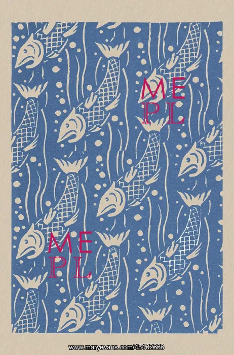: Linocut, fish pattern in blue and white : Linocut, fish pattern in blue and white
