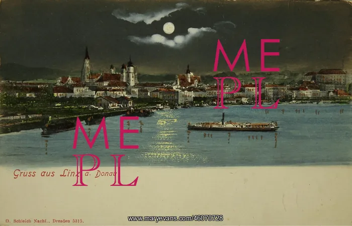 : Linz on the Danube at night with moon. About : Linz on the Danube at night with moon. About