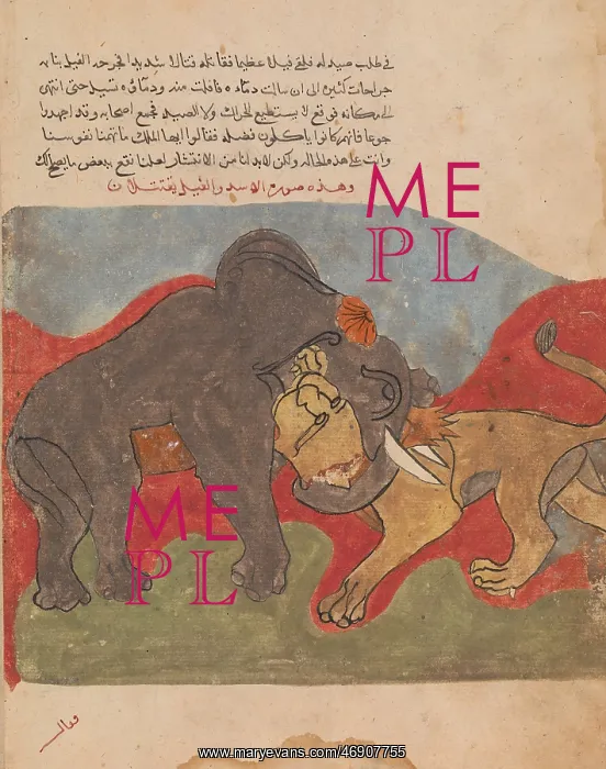 : The Lion and the Elephant Fighting, Folio from : The Lion and the Elephant Fighting, Folio from