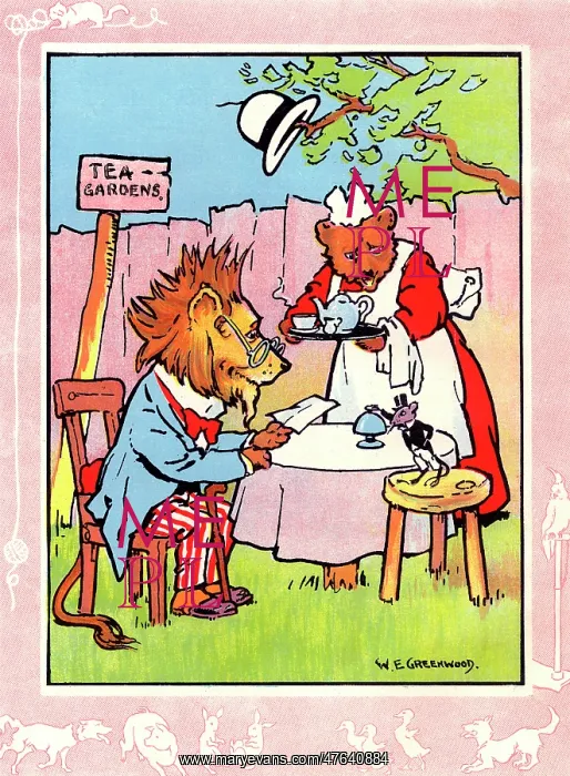 : Lion at tea gardens with bear and mouse : Lion at tea gardens with bear and mouse