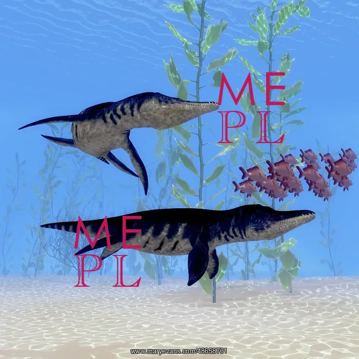 : Two Liopleurodon marine reptiles chase after a : Two Liopleurodon marine reptiles chase after a