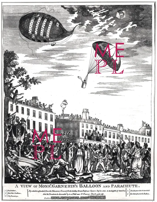: Lithograph of Andre-Jacques Garnerin's parachute descent : Lithograph of Andre-Jacques Garnerin's parachute descent