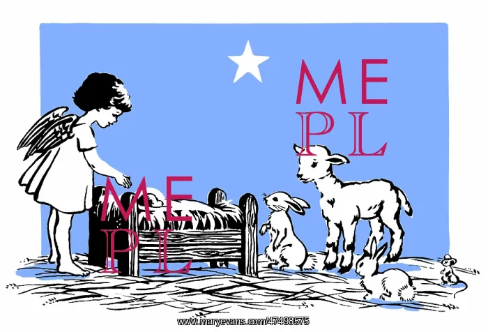 : Little Angel at crib with lamb, rabbits, mouse : Little Angel at crib with lamb, rabbits, mouse