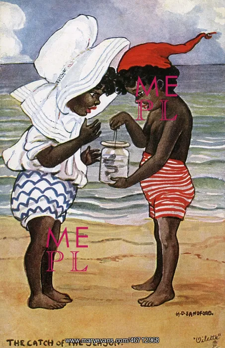 : Two little black children on the beach - fish in a jam jar : Two little black children on the beach - fish in a jam jar