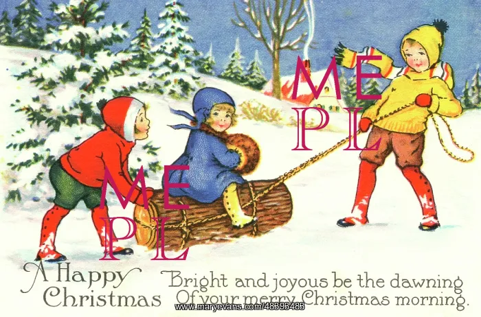 : Little girl pulled through the snow on a log : Little girl pulled through the snow on a log
