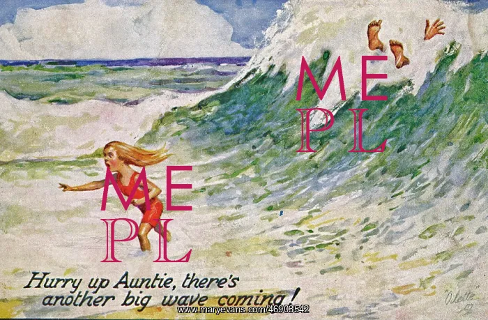 : Little girl at the seaside on a comic postcard : Little girl at the seaside on a comic postcard