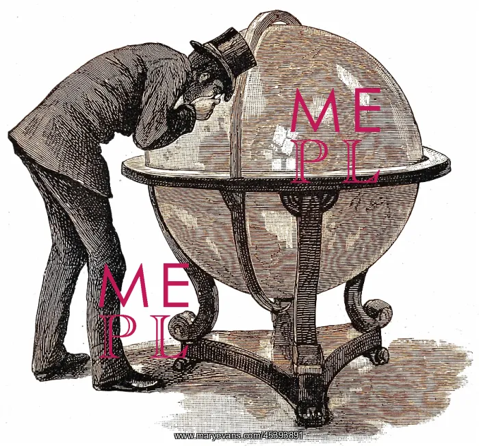 : Lloyd's Underwriter examining a globe, 1886 : Lloyd's Underwriter examining a globe, 1886