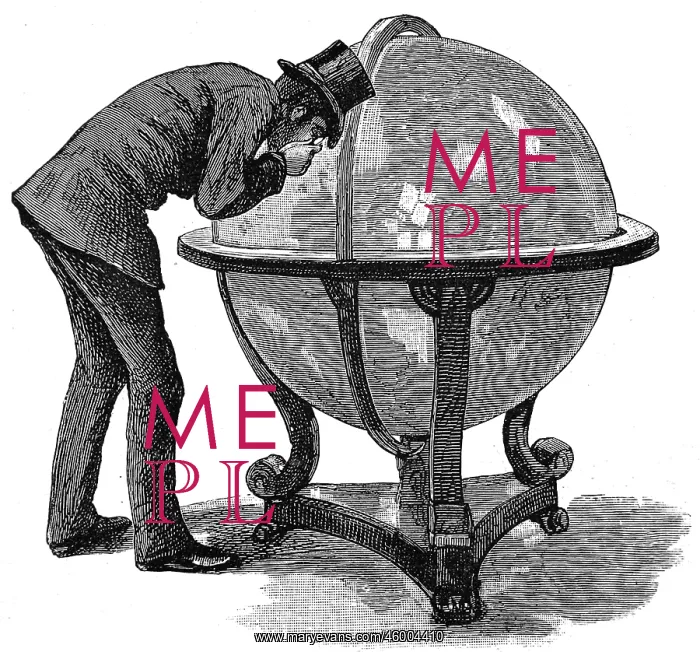 : Lloyd's Underwriter examining a globe, 1886 : Lloyd's Underwriter examining a globe, 1886