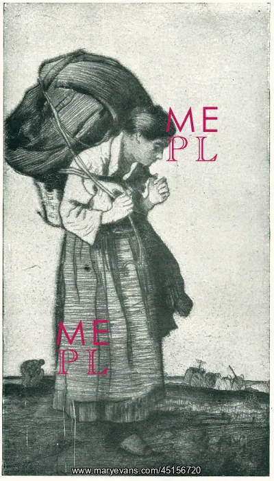 : The Load. A portrait etching of a woman, carrying a burdensome load on her back outside : The Load. A portrait etching of a woman, carrying a burdensome load on her back outside