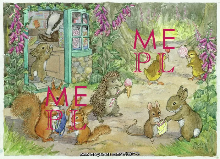 : Lollipops - squirrels, rabbits, hedgehog outside sweetshop : Lollipops - squirrels, rabbits, hedgehog outside sweetshop