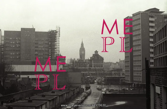 : London Barbican site high angle view distant Big Ben : London Barbican site high angle view distant Big Ben