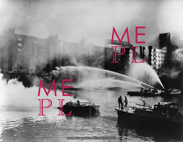 : London Firemen direct water from their fireboats : London Firemen direct water from their fireboats