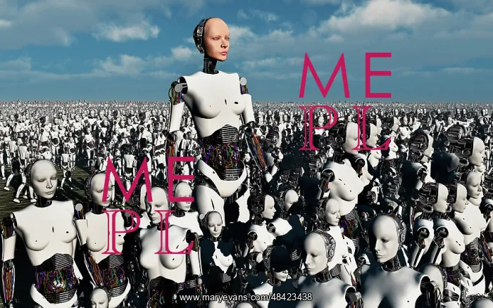 : A lone android with a human flesh colored face amongst a ? : A lone android with a human flesh colored face amongst a ?
