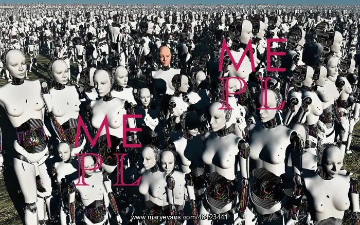 : A lone android with a human flesh colored face amongst a ? : A lone android with a human flesh colored face amongst a ?