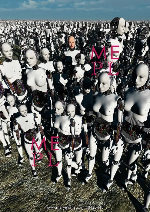 : A lone android with a human flesh colored face amongst a ? : A lone android with a human flesh colored face amongst a ?