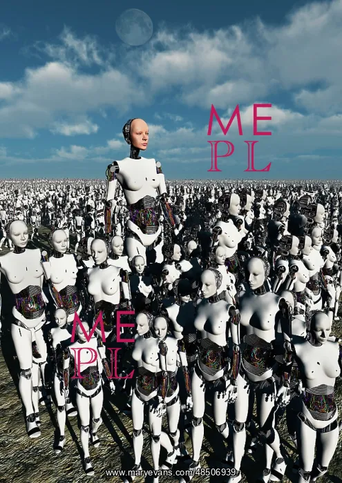 : A lone android with a human flesh colored face amongst a ? : A lone android with a human flesh colored face amongst a ?
