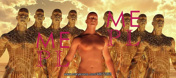 : A lone human figure standing in a lineup of android copies : A lone human figure standing in a lineup of android copies