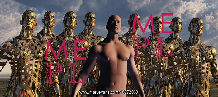 : A lone human figure standing in a lineup of android copies : A lone human figure standing in a lineup of android copies