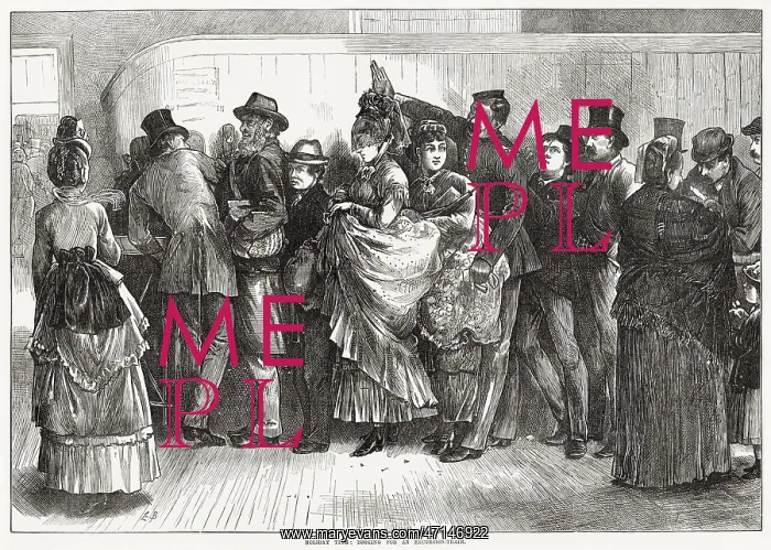 : Long queue for train tickets at a station 1872 : Long queue for train tickets at a station 1872