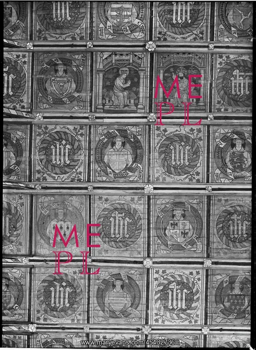 : Detail looking up at medieval decoration on the ceiling : Detail looking up at medieval decoration on the ceiling
