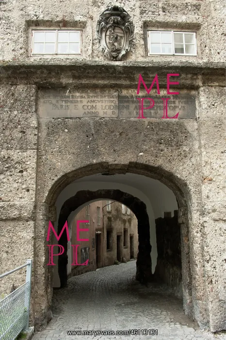 : Looking through the stone gate with coat of arms : Looking through the stone gate with coat of arms