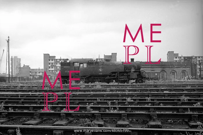 : Looking across tracks at steam engine : Looking across tracks at steam engine