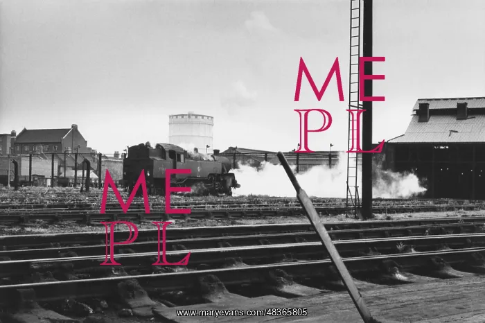 : Looking across tracks at steam engine : Looking across tracks at steam engine