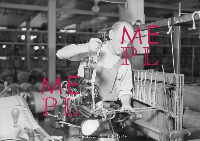 : Loom worker at the William Skinner and Sons Silk Mill, 1936 : Loom worker at the William Skinner and Sons Silk Mill, 1936
