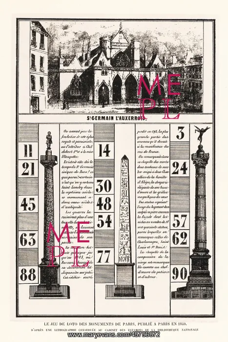 : Lotto numbers game featuring Paris monuments, 1840 : Lotto numbers game featuring Paris monuments, 1840