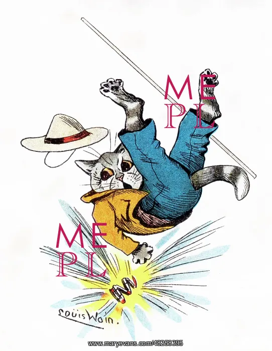 : Louis Wain Cat Scout surprised by a fire cracker firework : Louis Wain Cat Scout surprised by a fire cracker firework
