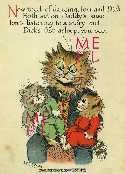 : Louis Wain, Daddy Cat - kittens on Daddy's knee : Louis Wain, Daddy Cat - kittens on Daddy's knee