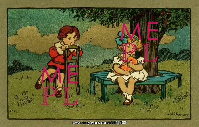 : In love. Boy looks on longingly as his girl cuddles her dolly. Artist: Ethel Parkinson : In love. Boy looks on longingly as his girl cuddles her dolly. Artist: Ethel Parkinson