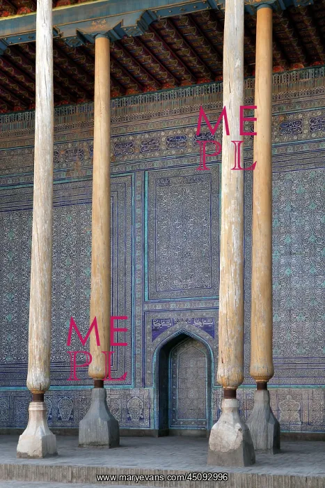 : Khiva. Low angle view of columns and majolica tiling : Khiva. Low angle view of columns and majolica tiling
