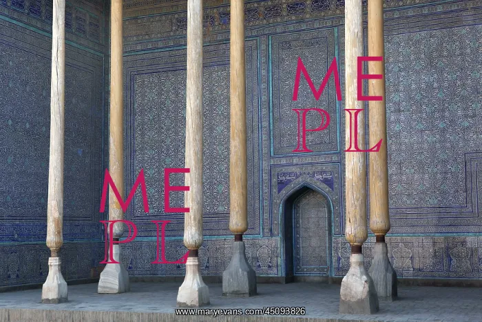 : Khiva. Low angle view of columns and majolica tiling : Khiva. Low angle view of columns and majolica tiling