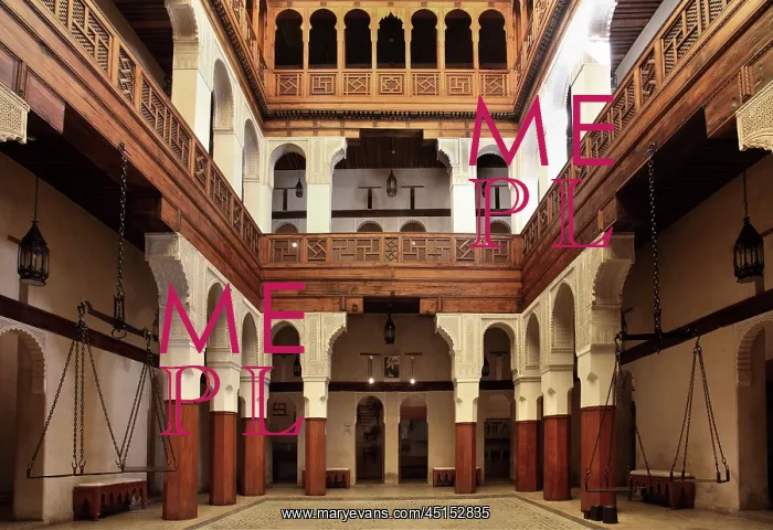 : Fez. Low angle view of galleries, Fondouk el-Nejjarine : Fez. Low angle view of galleries, Fondouk el-Nejjarine