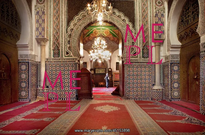 : Fez. Low angle view of interior, with doorway to sanctuary : Fez. Low angle view of interior, with doorway to sanctuary