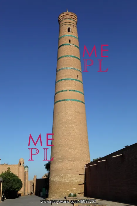 : Khiva. Low angle view of Juma Mosque Minaret, 10th-13th century : Khiva. Low angle view of Juma Mosque Minaret, 10th-13th century