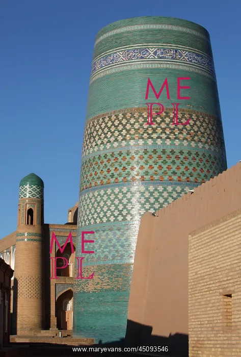 : Khiva. Low angle view of Kalta Minor, 1855, and detail of the Matniyaz : Khiva. Low angle view of Kalta Minor, 1855, and detail of the Matniyaz