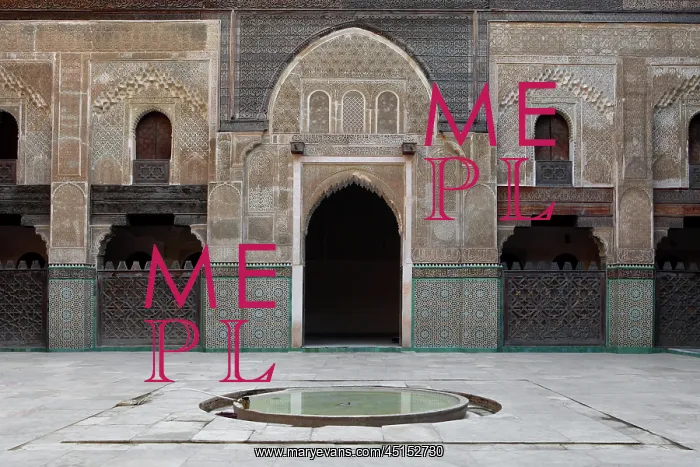 : Fez. Low angle view of main courtyard, Bou Inania Madrasa : Fez. Low angle view of main courtyard, Bou Inania Madrasa