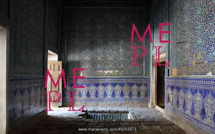 : Khiva. Low angle view of a room with mosaic tiling walls in the Harem : Khiva. Low angle view of a room with mosaic tiling walls in the Harem