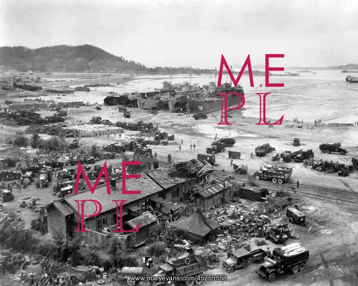 : Four LST's unload men and equipment on Red Beach : Four LST's unload men and equipment on Red Beach