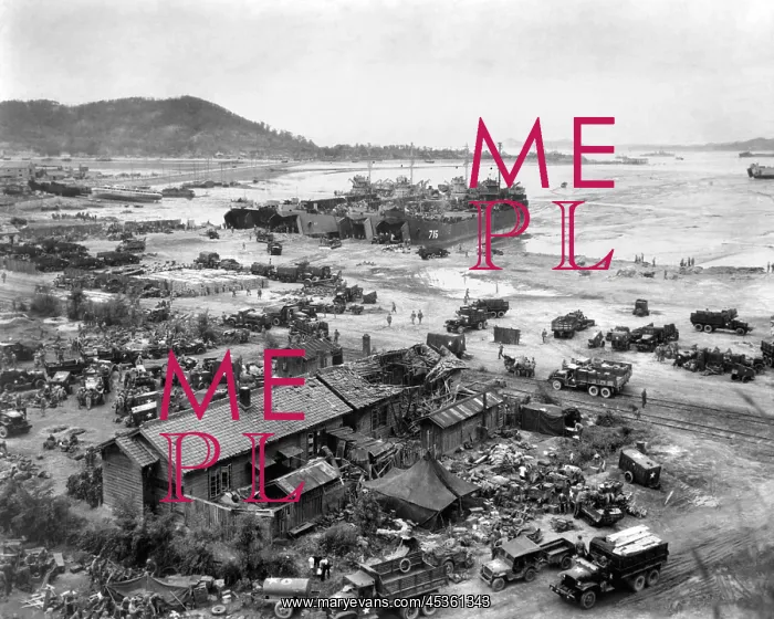 : Four LST's unload men and equipment on Red Beach : Four LST's unload men and equipment on Red Beach