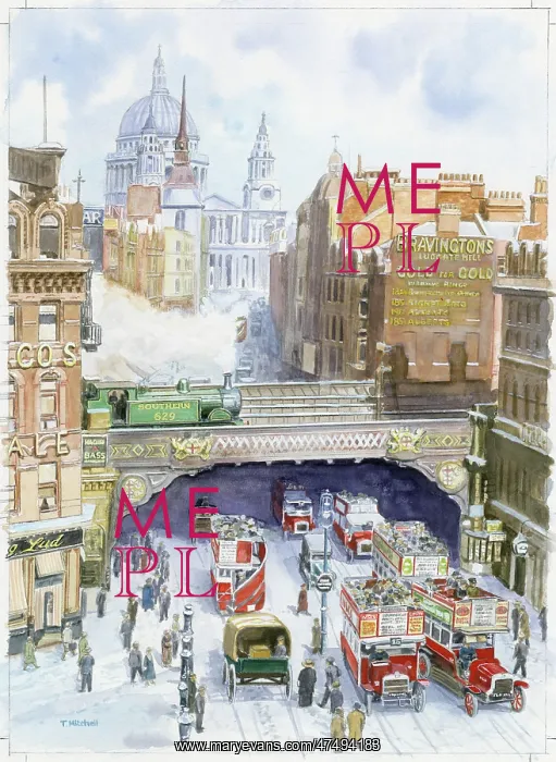: Ludgate Hill with viaduct, buses & St Paul's : Ludgate Hill with viaduct, buses & St Paul's