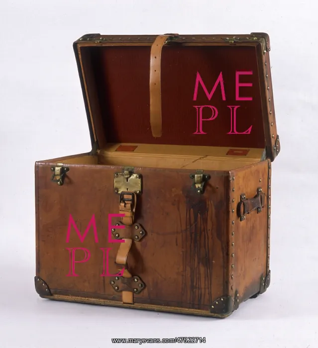  : Luggage. A large leather-bound trunk with straps, buckles and locks